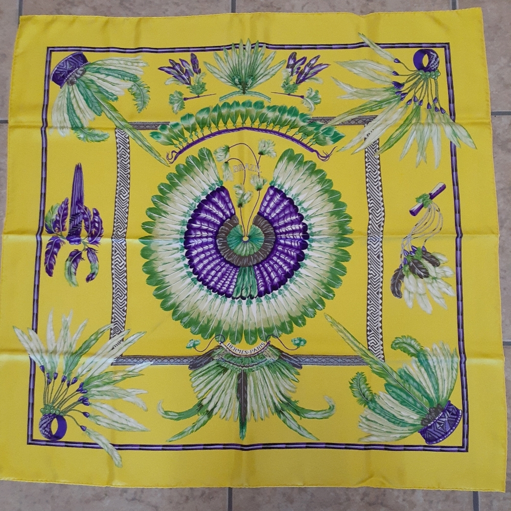 FLASH DEAL! BRAZIL Hermes Scarf 90cm - Yellow, Purple, Green - With Box!
